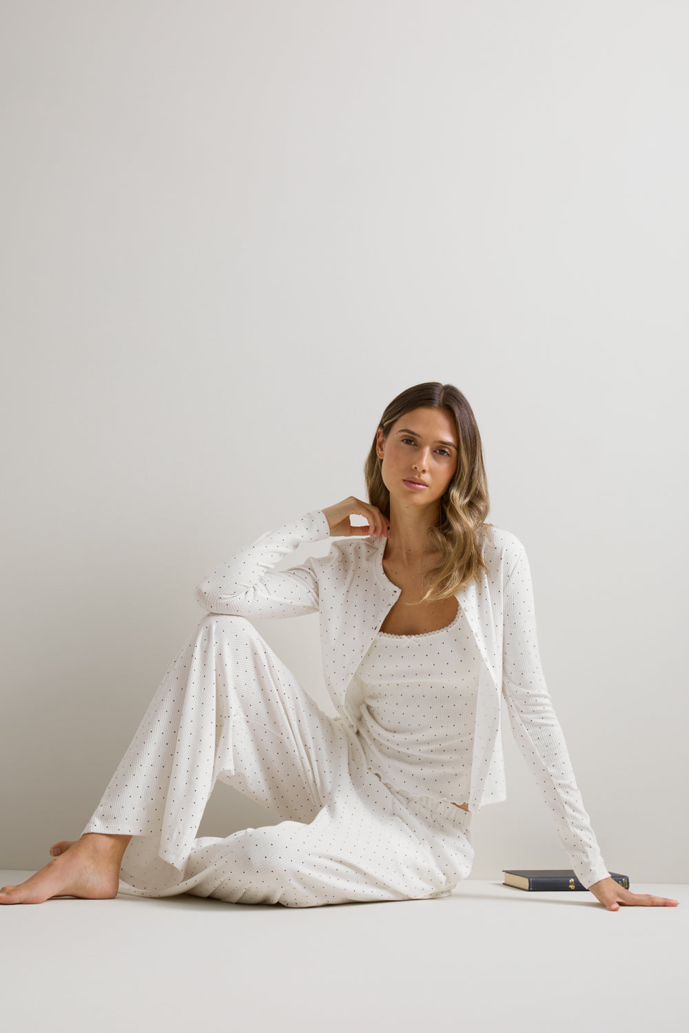 Pointelle Wide Leg Pyjama Bottoms - Ivory Polka Dot Print