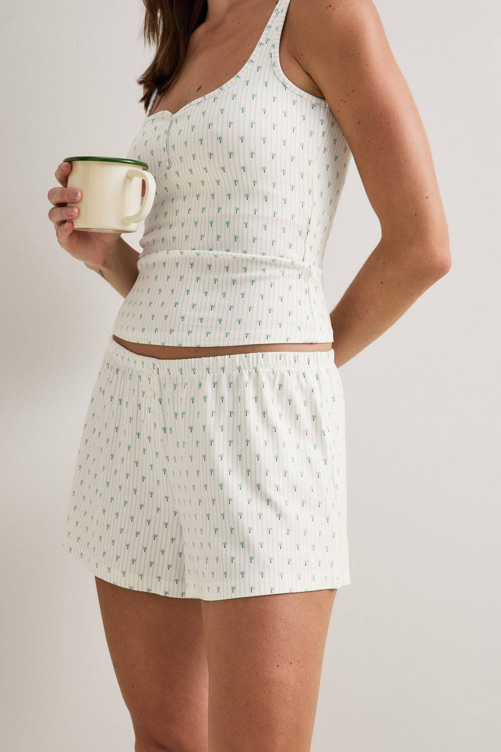 Button Pyjama Shorts - Blue Stripe Palm Print