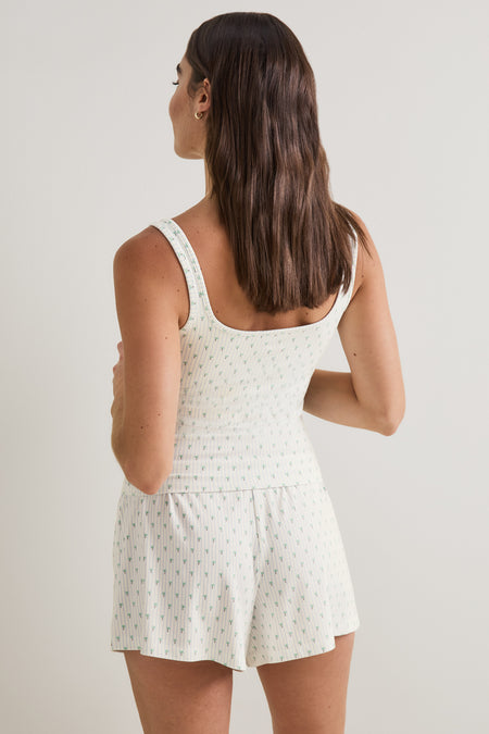 Button Pyjama Shorts - Blue Stripe Palm Print