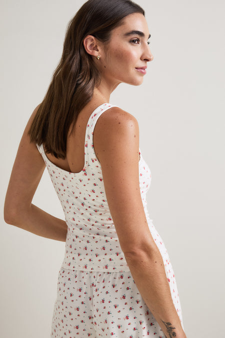 Sweetheart Henley Pyjama Vest - Ivory Floral Print