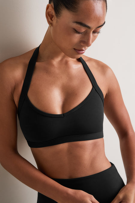 SoftSet V Neck Halter Sports Bra - Black