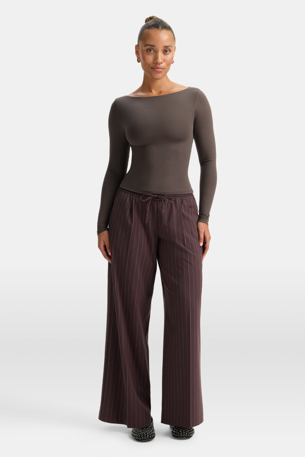 365 Boat Neck Long Sleeve Top - Mocha Brown