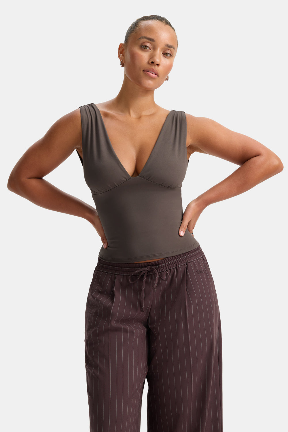 365 Plunge Neckline Top - Mocha Brown