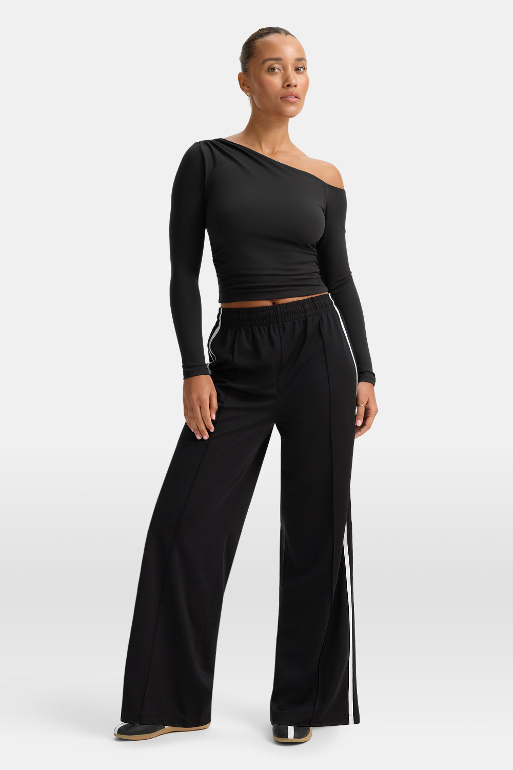 365 Asymmetric Ruched Long Sleeve Top - Black