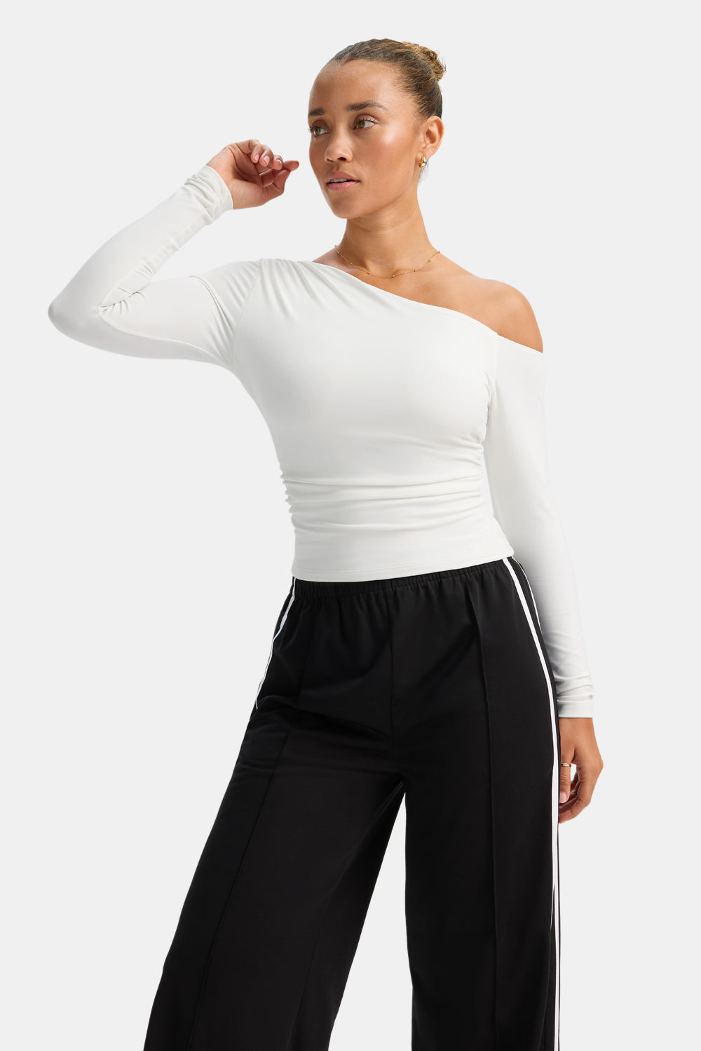 365 Asymmetric Ruched Long Sleeve Top - Coconut Milk