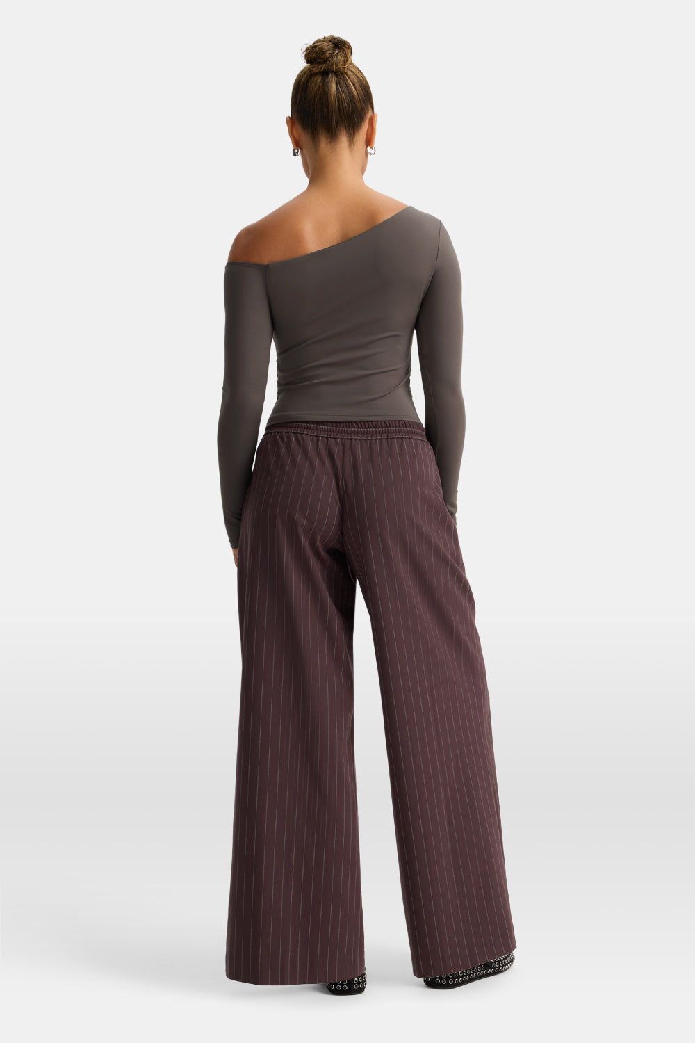 365 Asymmetric Ruched Long Sleeve Top - Mocha Brown