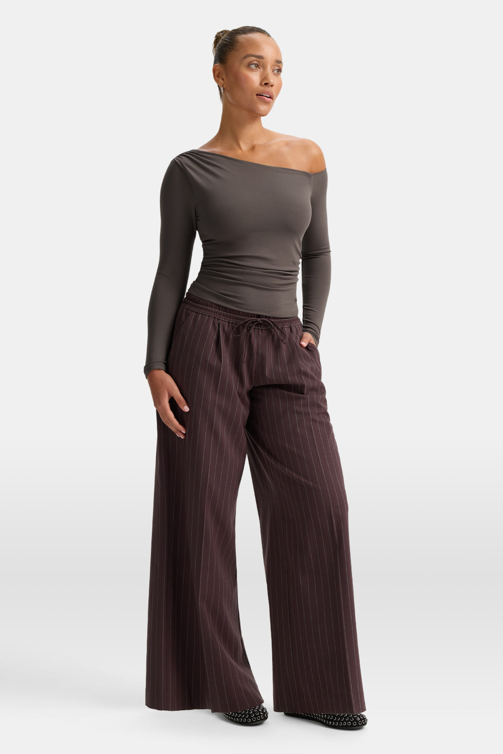 365 Asymmetric Ruched Long Sleeve Top - Mocha Brown