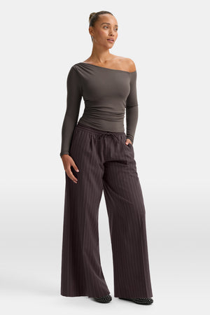 365 Asymmetric Ruched Long Sleeve Top - Mocha Brown