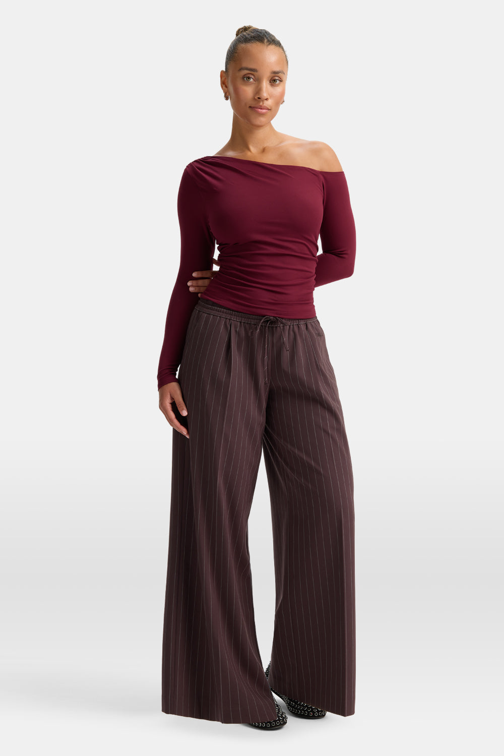 365 Asymmetric Ruched Long Sleeve Top - Port Red