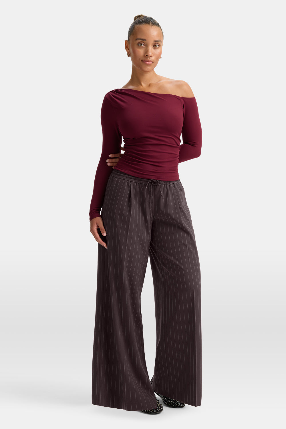 365 Asymmetric Ruched Long Sleeve Top - Port Red