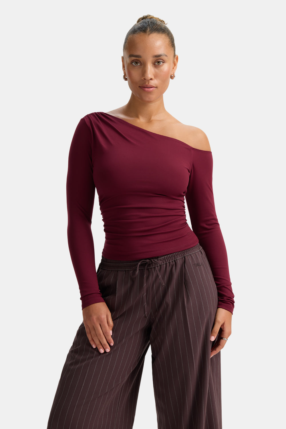 365 Asymmetric Ruched Long Sleeve Top - Port Red