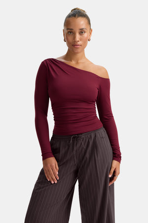 365 Asymmetric Ruched Long Sleeve Top - Port Red