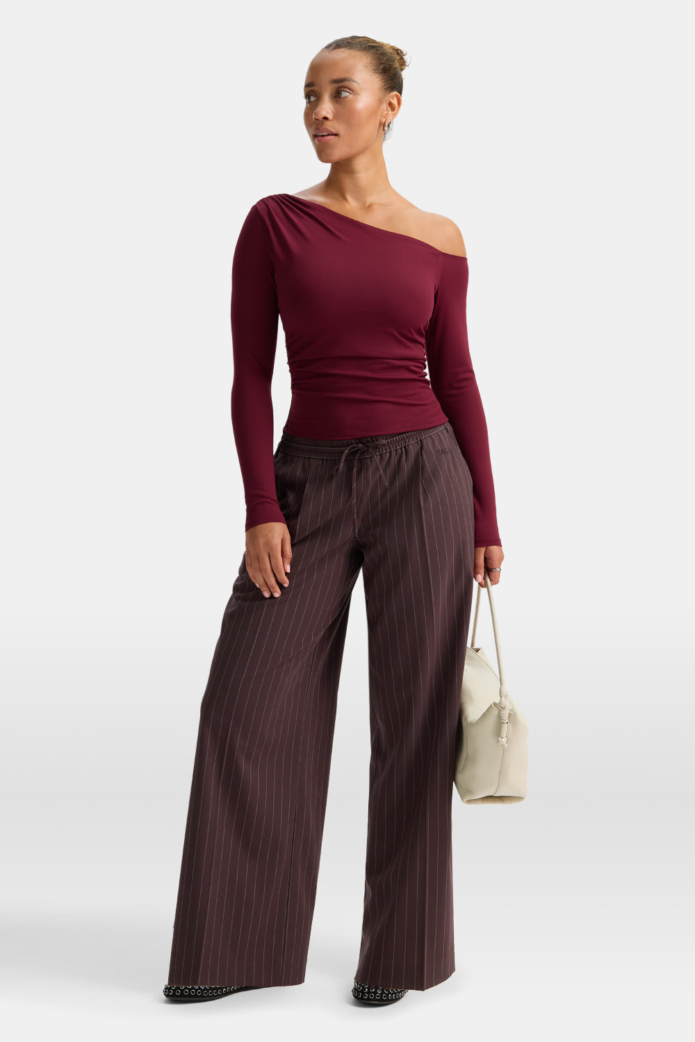 365 Asymmetric Ruched Long Sleeve Top - Port Red