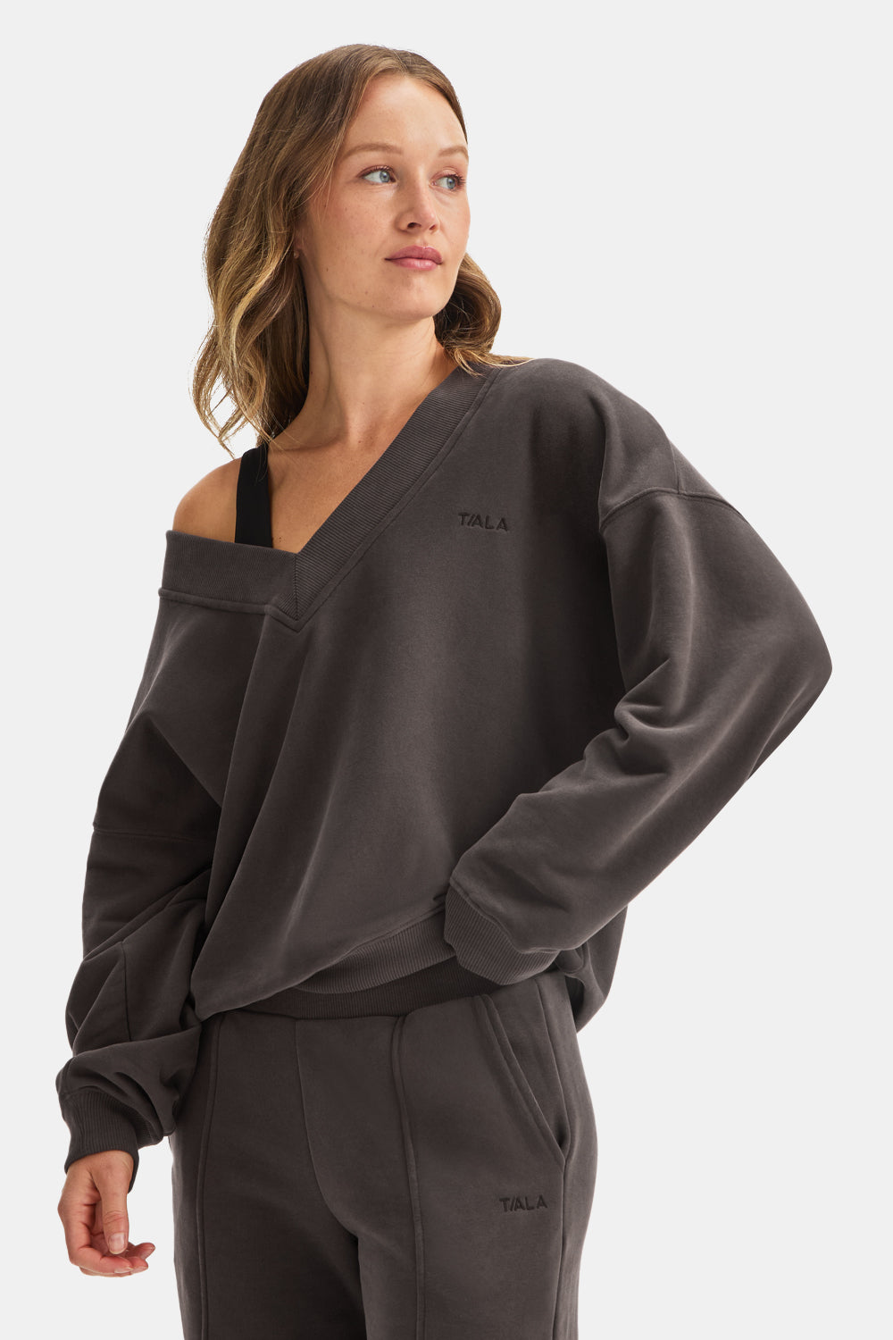 Oversized V Neck Sweatshirt - Deep Taupe