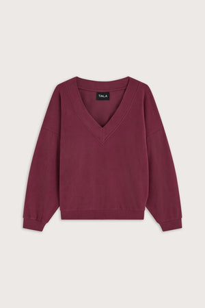 Plush Oversized V Neck Sweatshirt - Cranberry