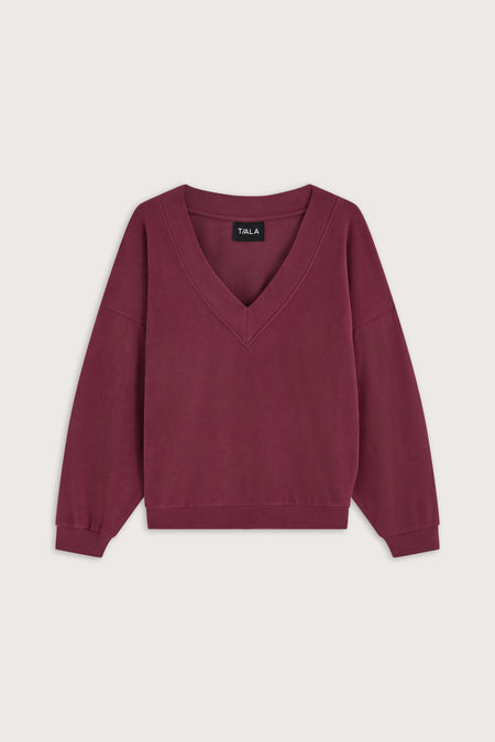 Plush Oversized V Neck Sweatshirt - Cranberry
