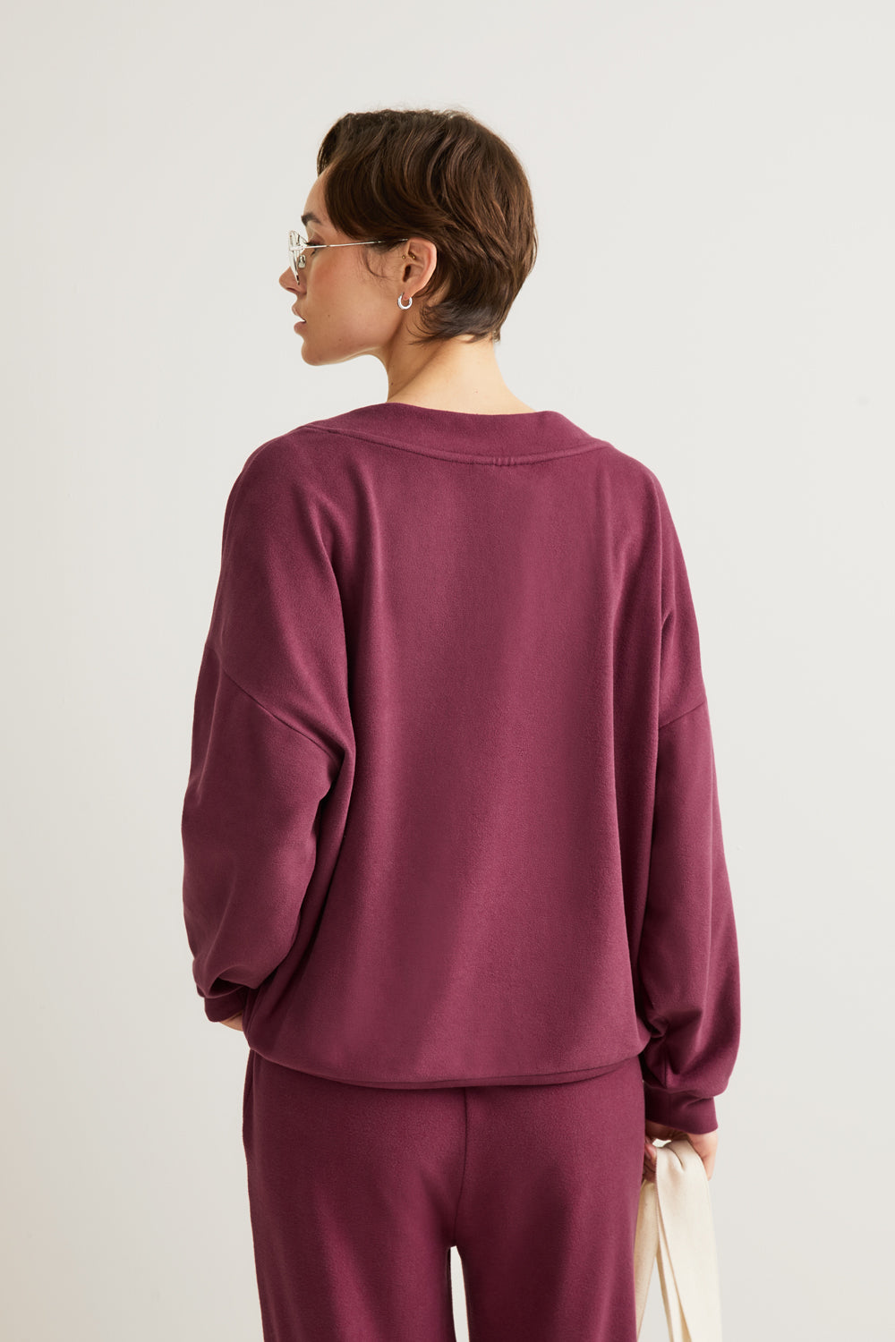 Plush Oversized V Neck Sweatshirt - Cranberry