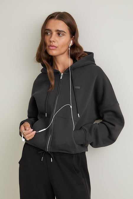 Oversized Cocoon Zip Through Hoodie - Vintage Black