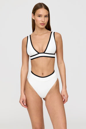 KOS CONTRAST TRIM HIGH WAISTED CHEEKY BIKINI BRIEF - COCONUT MILK AND SHADOW BLACK