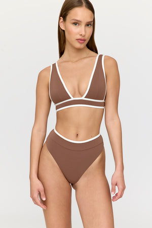 SAINT TROPEZ CONTRAST TRIM PLUNGE NECK BIKINI TOP - TERRACOTTA AND COCONUT MILK