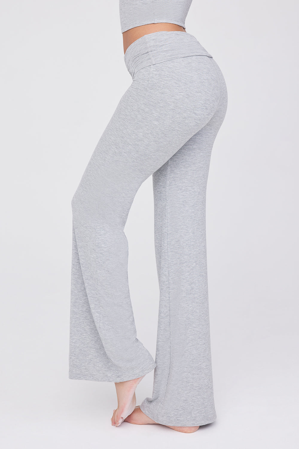 Grey Marl Cotton Fold Over Waist Flare Pants