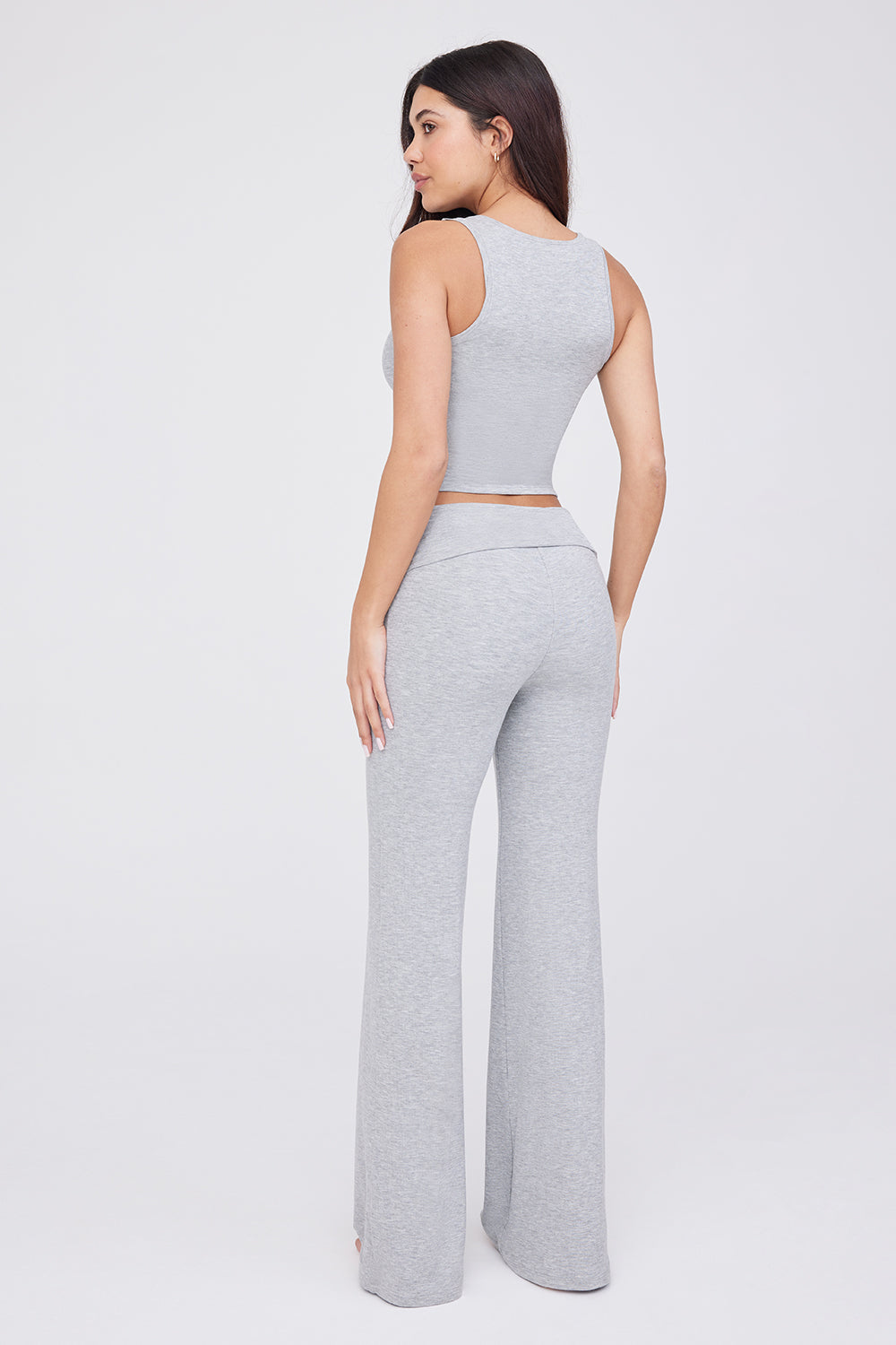 Grey Marl Cotton Fold Over Waist Flare Trousers