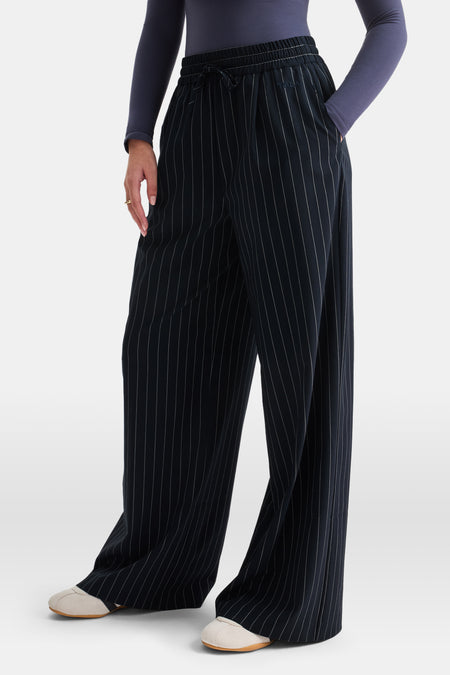 Drawstring Wide Leg Trousers - Navy Stripe