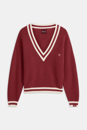 V Neck Knitted Cricket Jumper - Vintage Red & Ivory