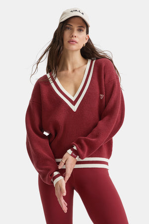 V NECK KNITTED CRICKET JUMPER - VINTAGE RED & IVORY
