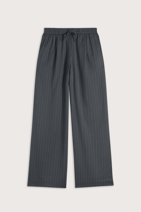 Drawstring Wide Leg Trousers - Charcoal Grey Stripe