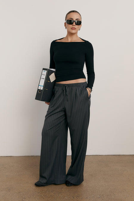Drawstring Wide Leg Trousers - Charcoal Grey Stripe