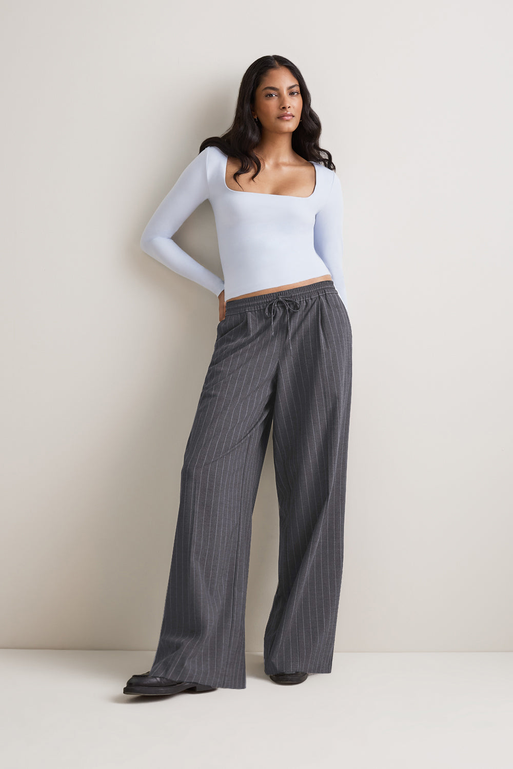 Drawstring Wide Leg Trousers - Charcoal Grey Stripe