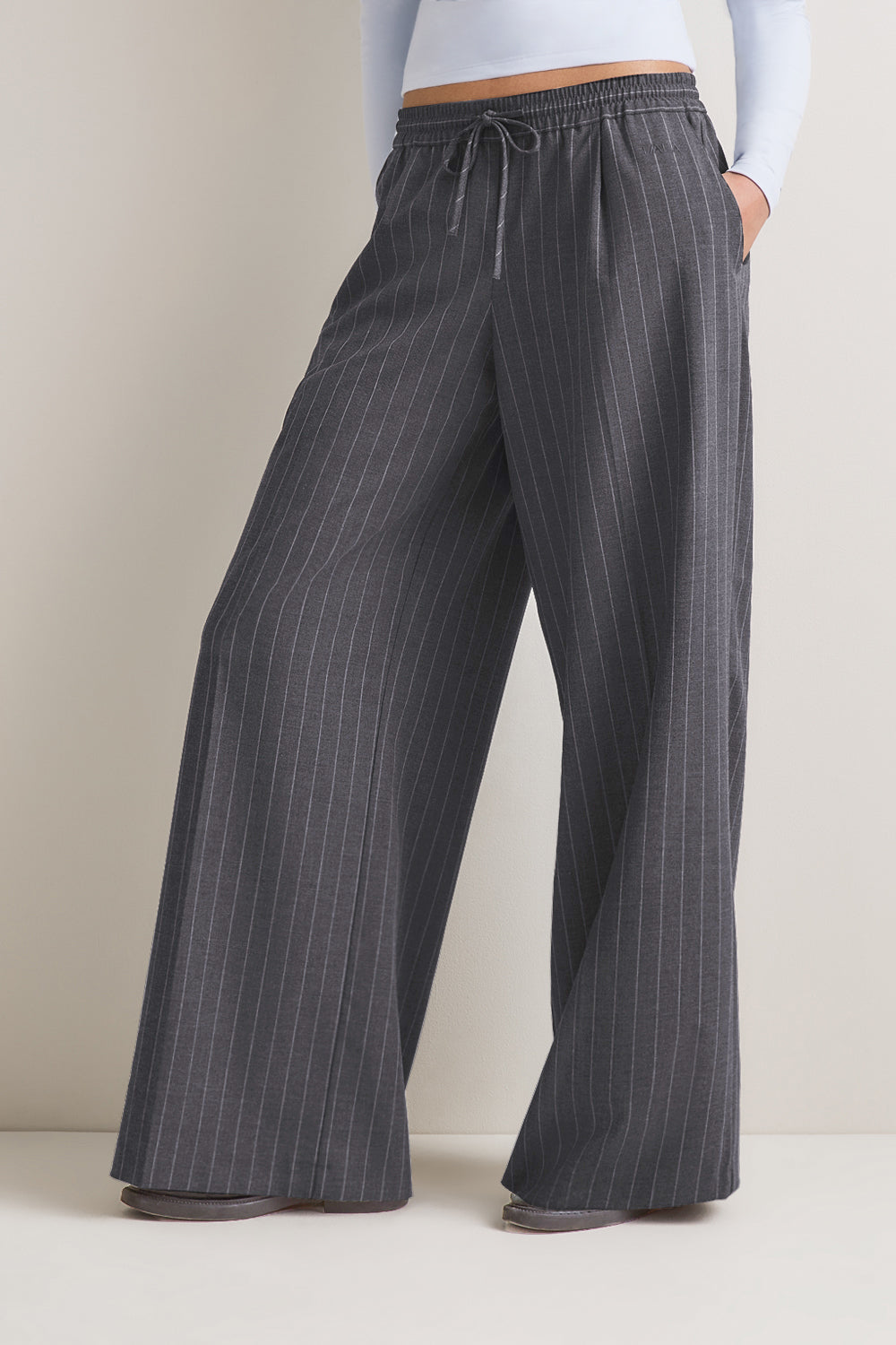 Drawstring Wide Leg Trousers - Charcoal Grey Stripe