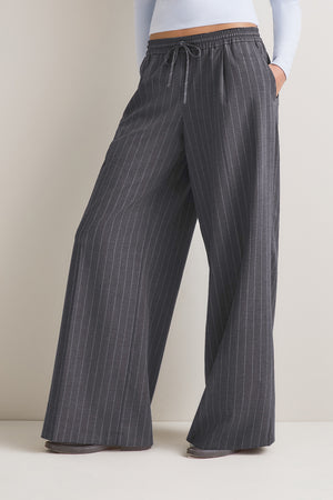 Drawstring Wide Leg Trousers - Charcoal Grey Stripe