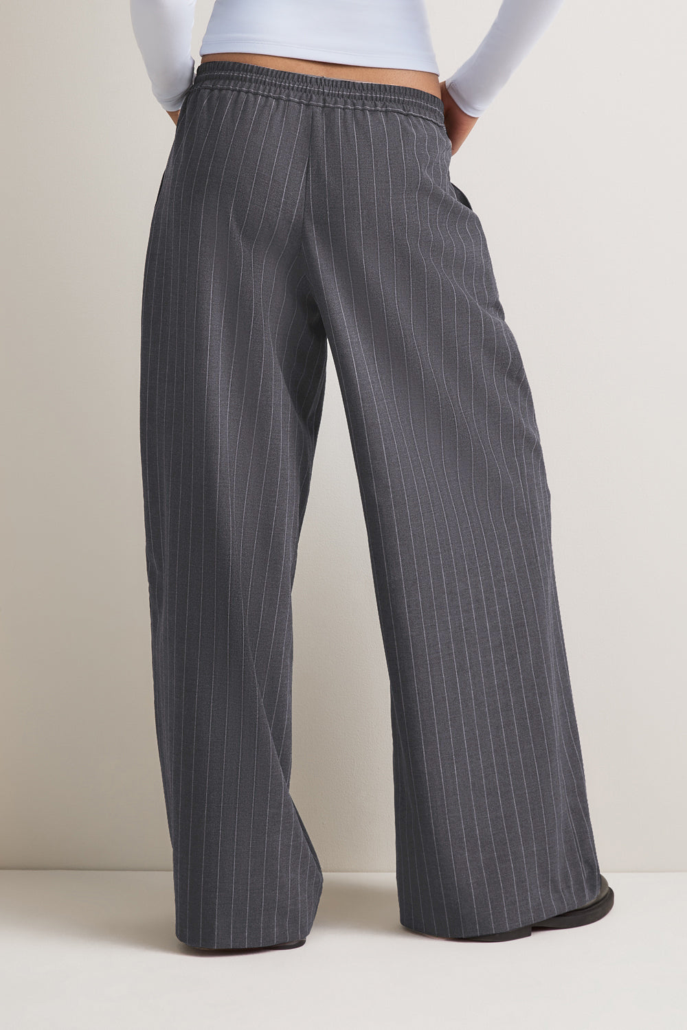 Drawstring Wide Leg Trousers - Charcoal Grey Stripe