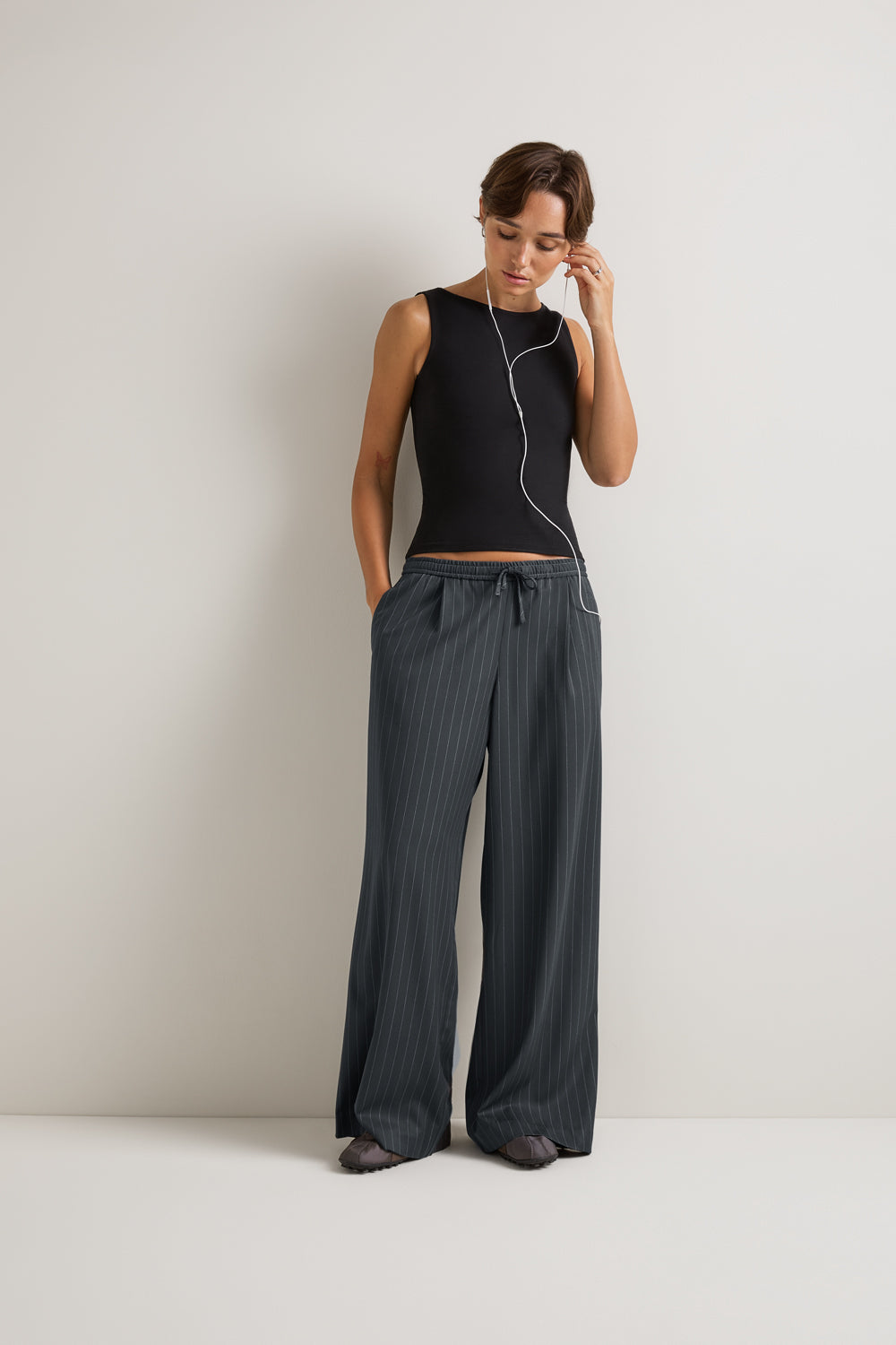 Drawstring Wide Leg Trousers - Charcoal Grey Stripe