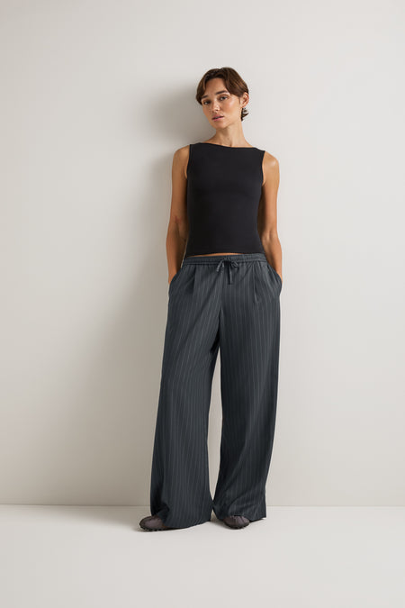 Drawstring Wide Leg Trousers - Charcoal Grey Stripe