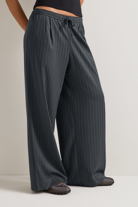 Drawstring Wide Leg Trousers - Charcoal Grey Stripe