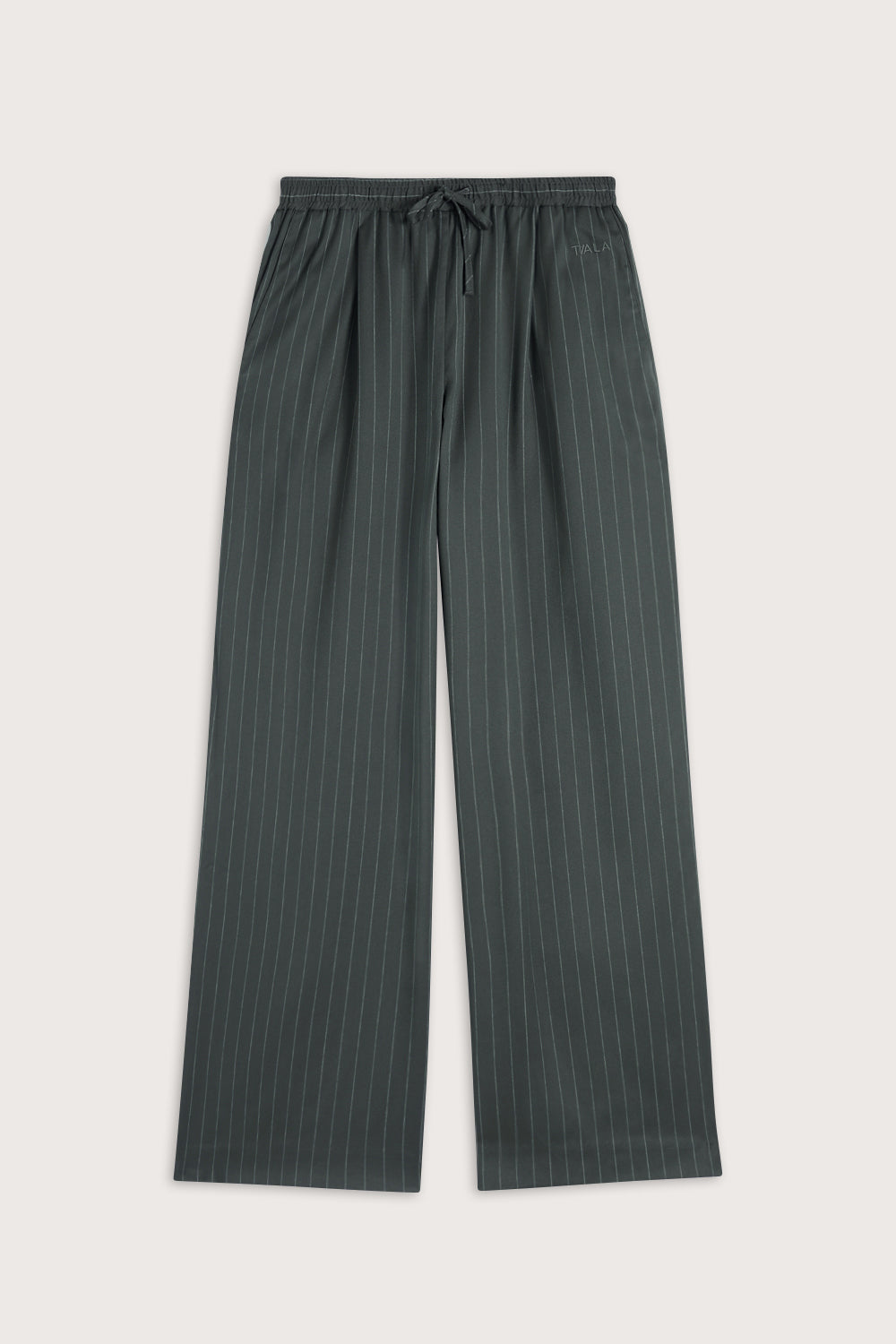Drawstring Wide Leg Trousers - Dark Olive Stripe