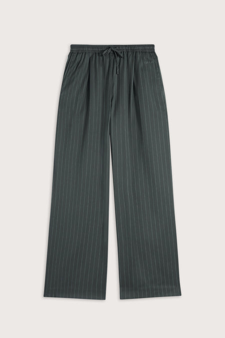 Drawstring Wide Leg Trousers - Dark Olive Stripe