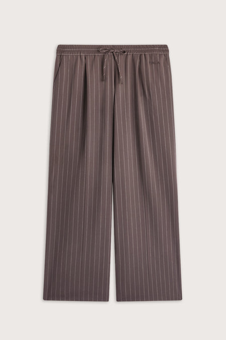 Drawstring Wide Leg Trousers - Mocha Brown Pinstripe