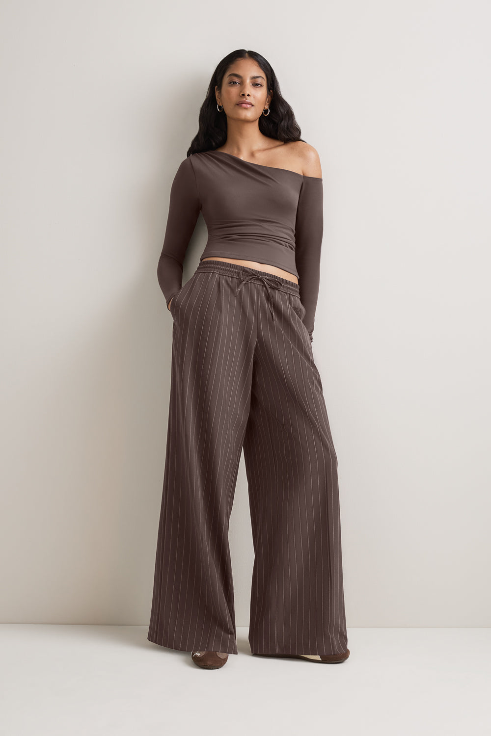 Drawstring Wide Leg Trousers - Mocha Brown Pinstripe