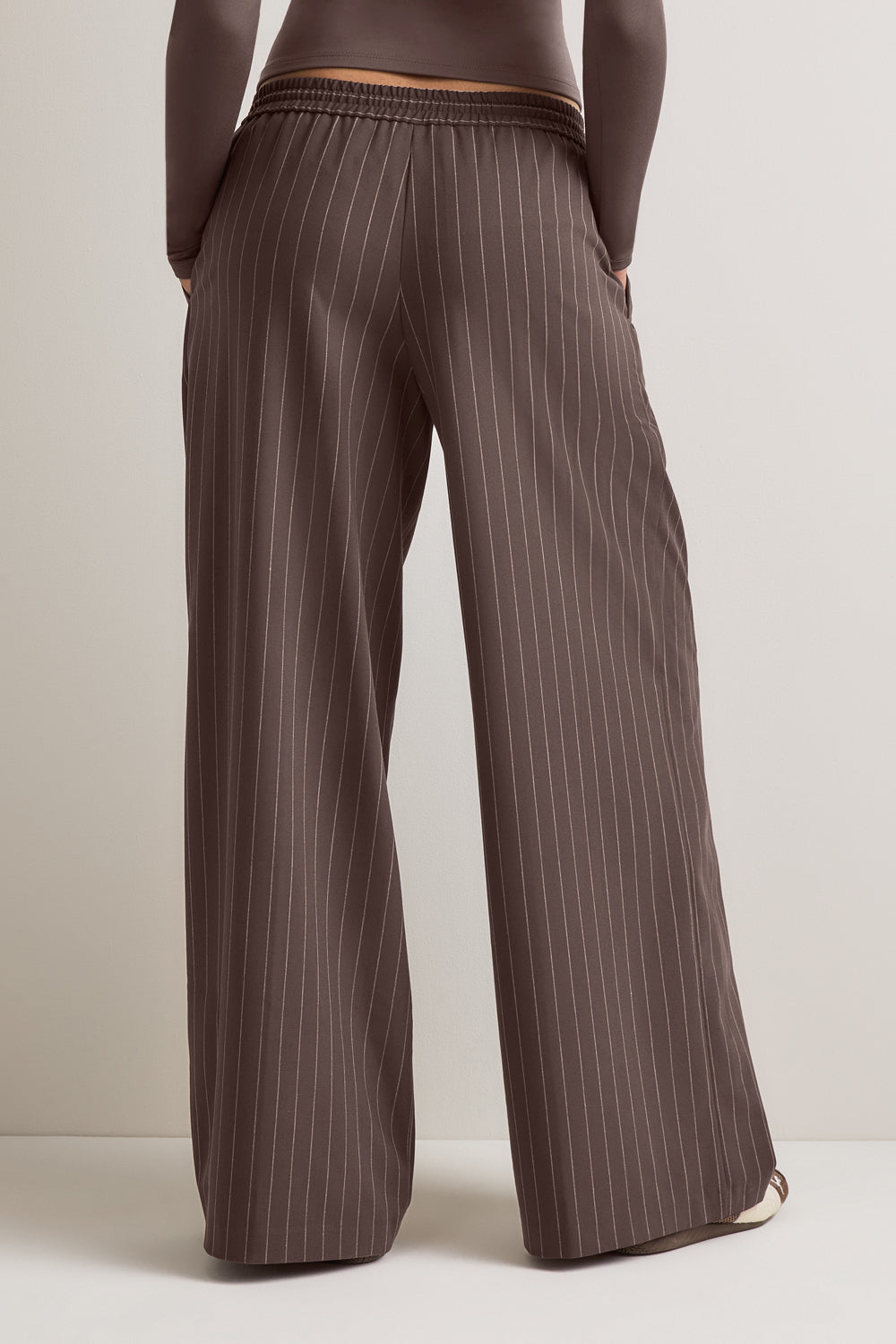 Drawstring Wide Leg Trousers - Mocha Brown Pinstripe