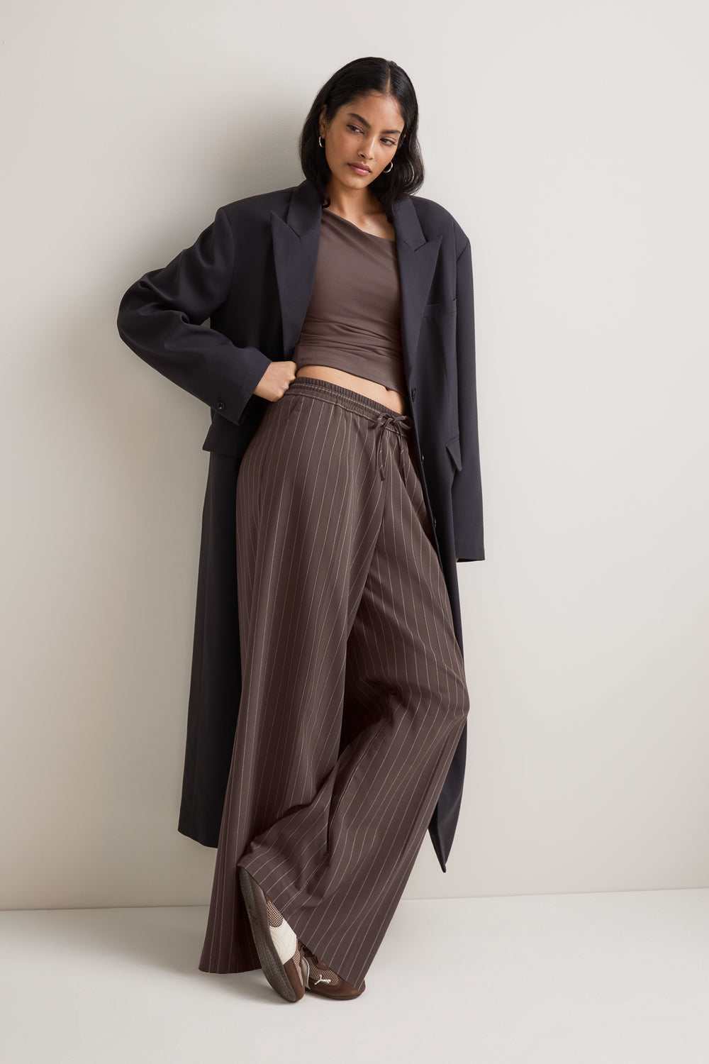 Drawstring Wide Leg Trousers - Mocha Brown Pinstripe