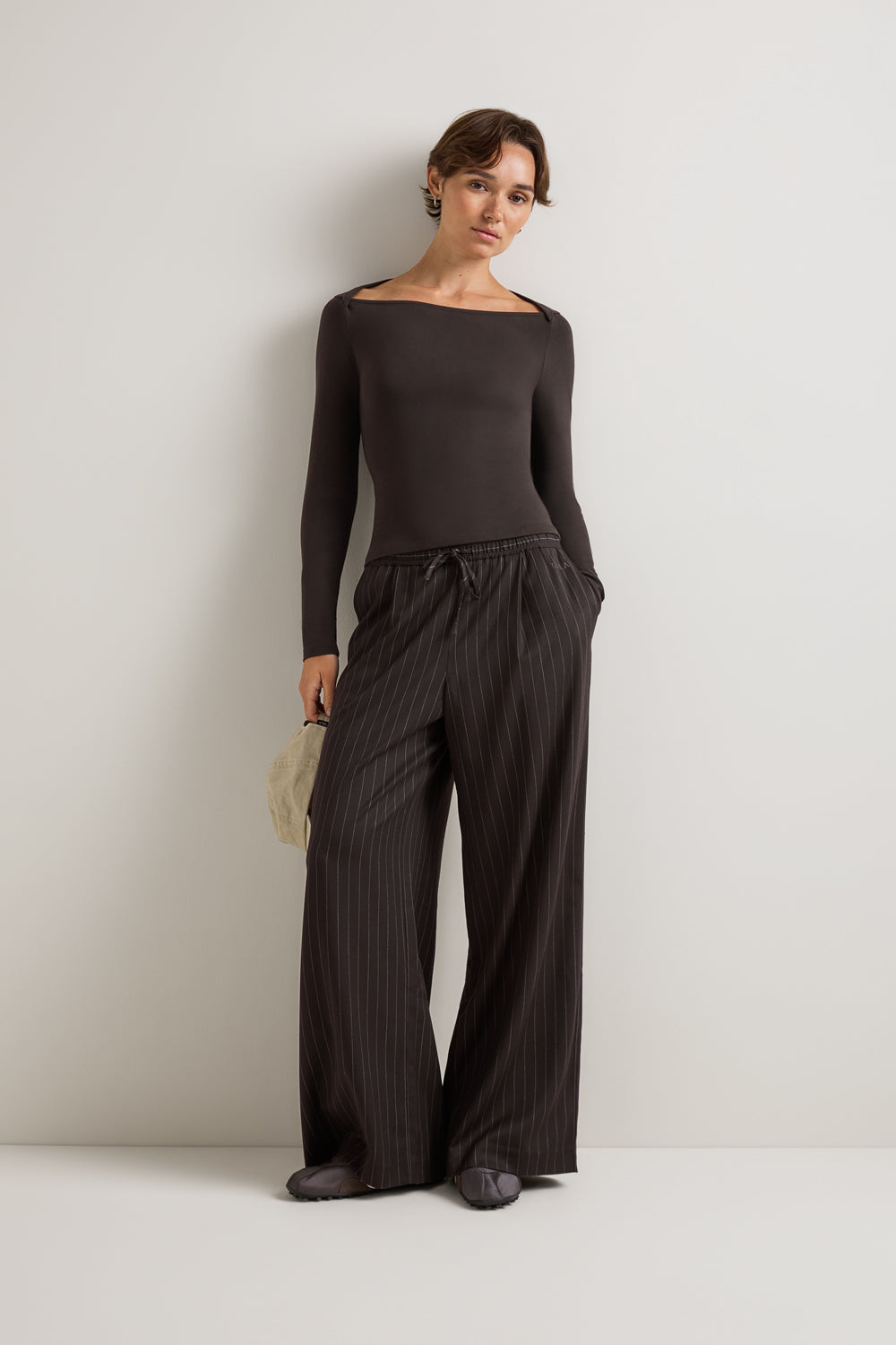 Drawstring Wide Leg Trousers - Americano Stripe