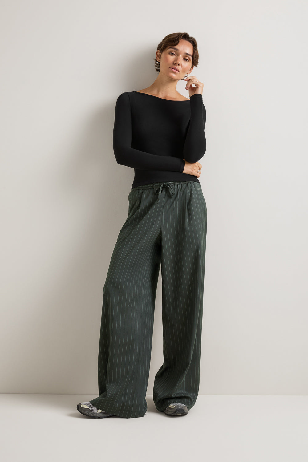 Drawstring Wide Leg Trousers - Dark Olive Stripe