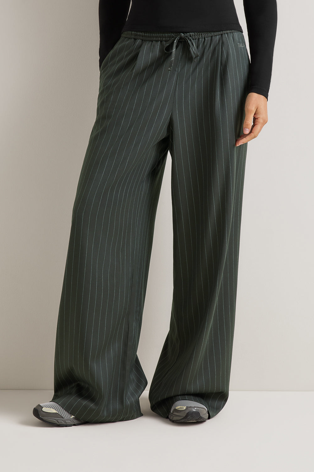 Drawstring Wide Leg Trousers - Dark Olive Stripe