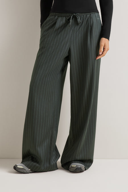 Drawstring Wide Leg Trousers - Dark Olive Stripe