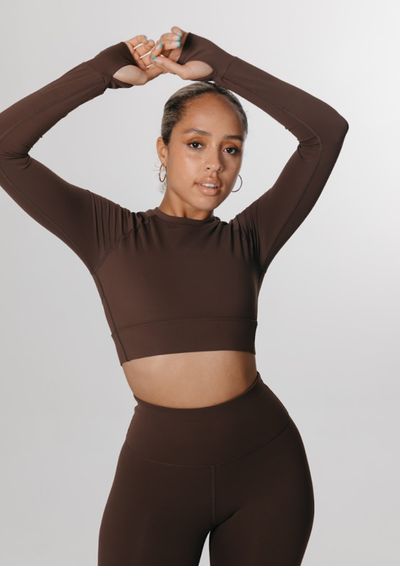 SKINLUXE CROP KEYHOLE LONG SLEEVE TOP - BROWN