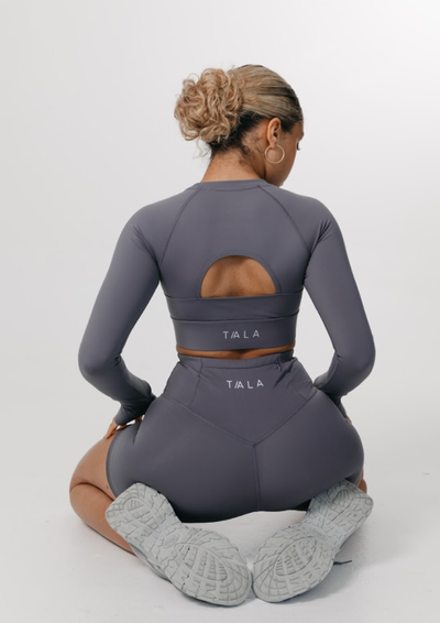SKINLUXE CROP KEYHOLE LONG SLEEVE TOP - TORNADA GREY
